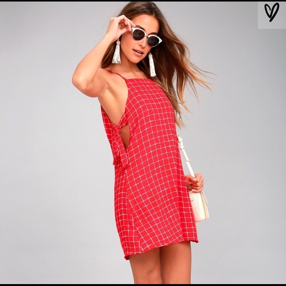 LULUS | Red White Windowpane Print Tie Tank Dress - Picture 2 of 6